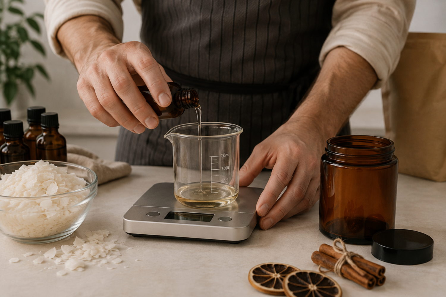 A person wearing a dark apron pours liquid from a small amber bottle into a clear beaker placed on a digital scale, with bath salts, empty amber bottles, cinnamon sticks, dried orange slices, and a kraft paper bag arranged on a tabletop.