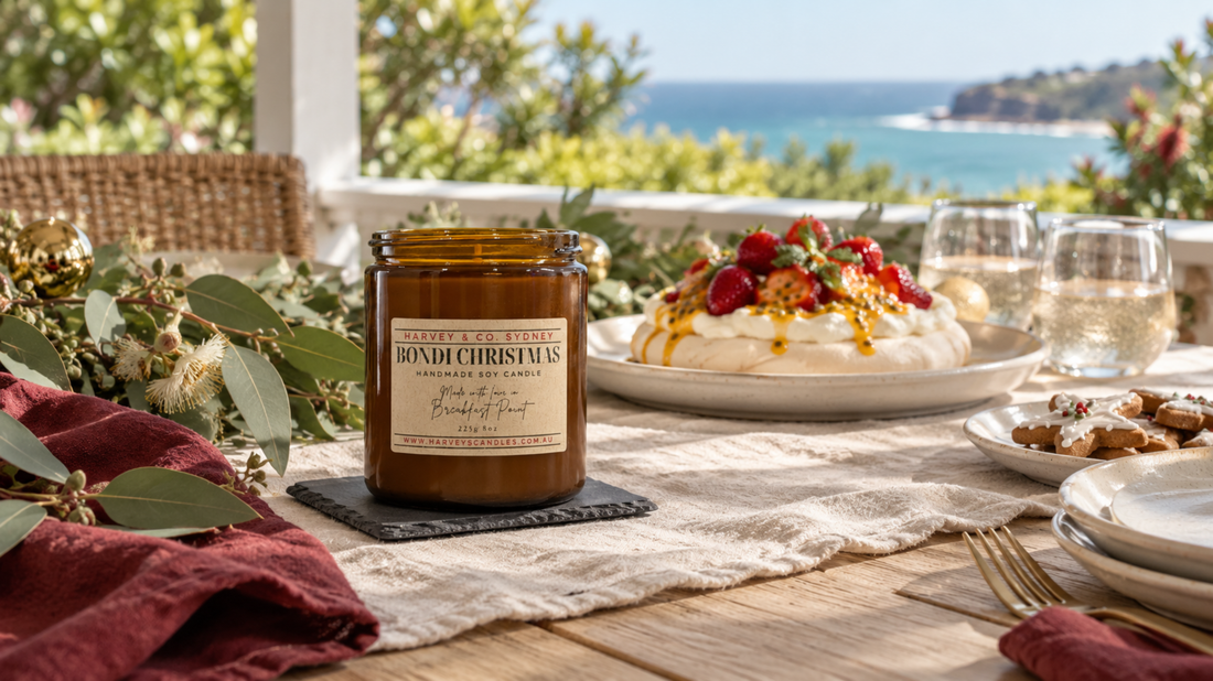 Bondi Christmas candle on a festive coastal table with pavlova, gingerbread and eucalyptus, overlooking the ocean.