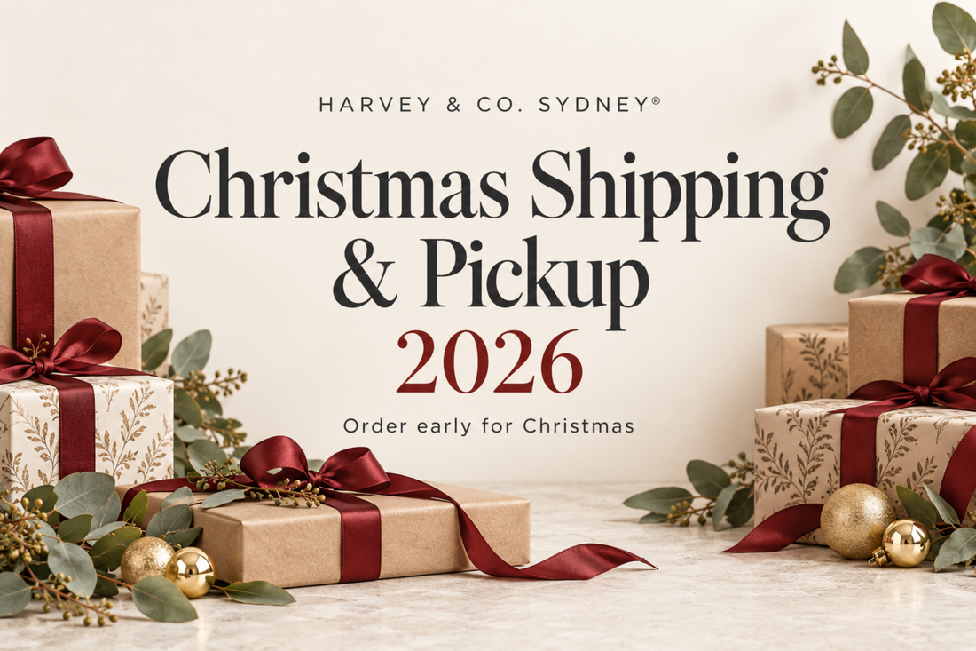 Christmas gifts wrapped with burgundy ribbons and eucalyptus beside Harvey & Co. Sydney® Christmas Shipping & Pickup 2026 text.