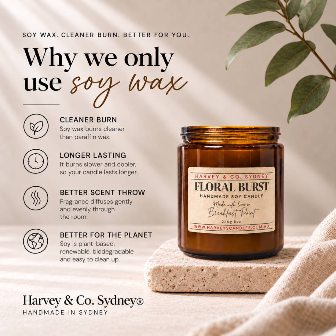 Harvey & Co. Sydney® Floral Burst soy candle in an amber jar on a stone tray, beside a graphic explaining why we use soy wax.