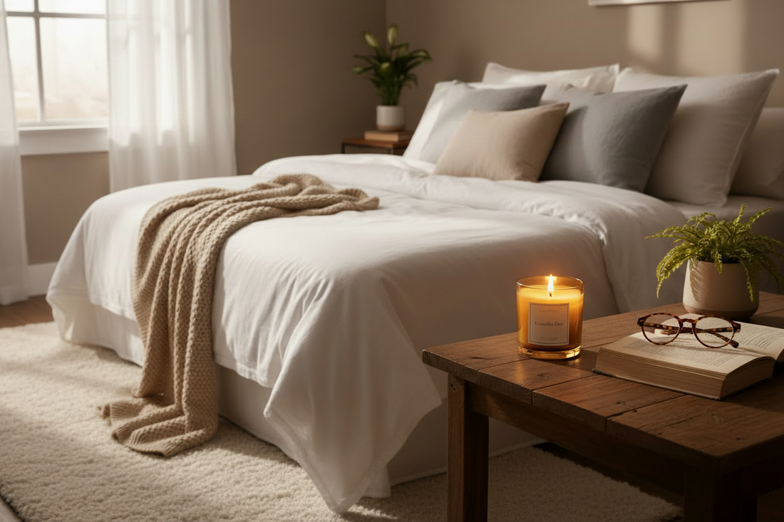 Bedroom with candle burning