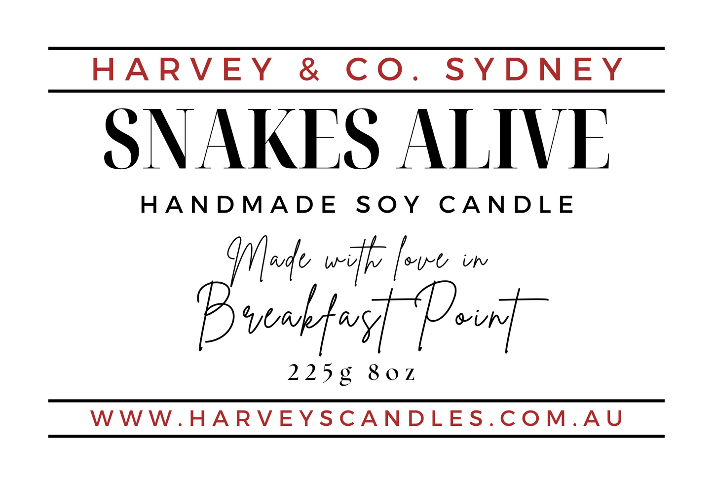 Label for 'Snakes Alive' inspired handmade soy candle by Harvey & Co. Sydney on a white background.