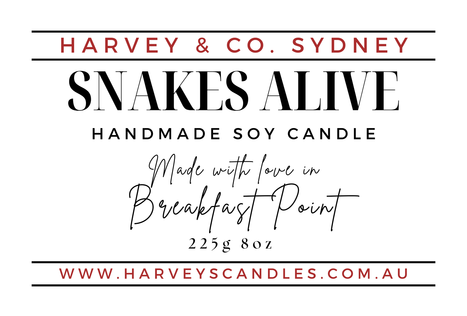 Label for 'Snakes Alive' inspired handmade soy candle by Harvey & Co. Sydney on a white background.