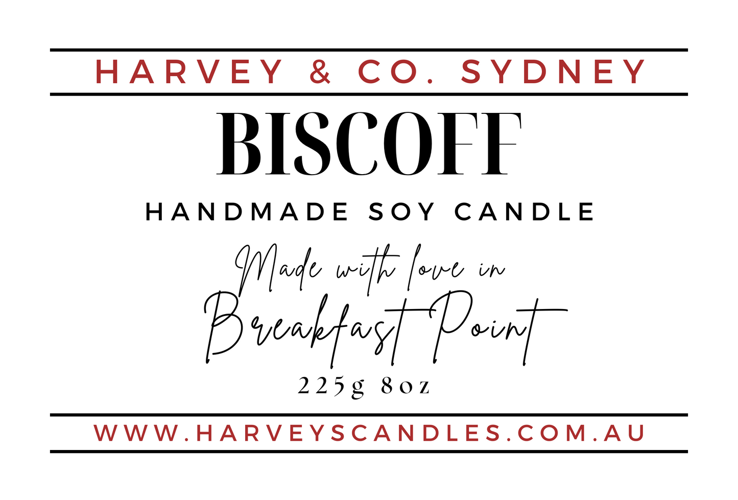 Label for Harvey & Co. Sydney Biscoff handmade soy candle with product details.