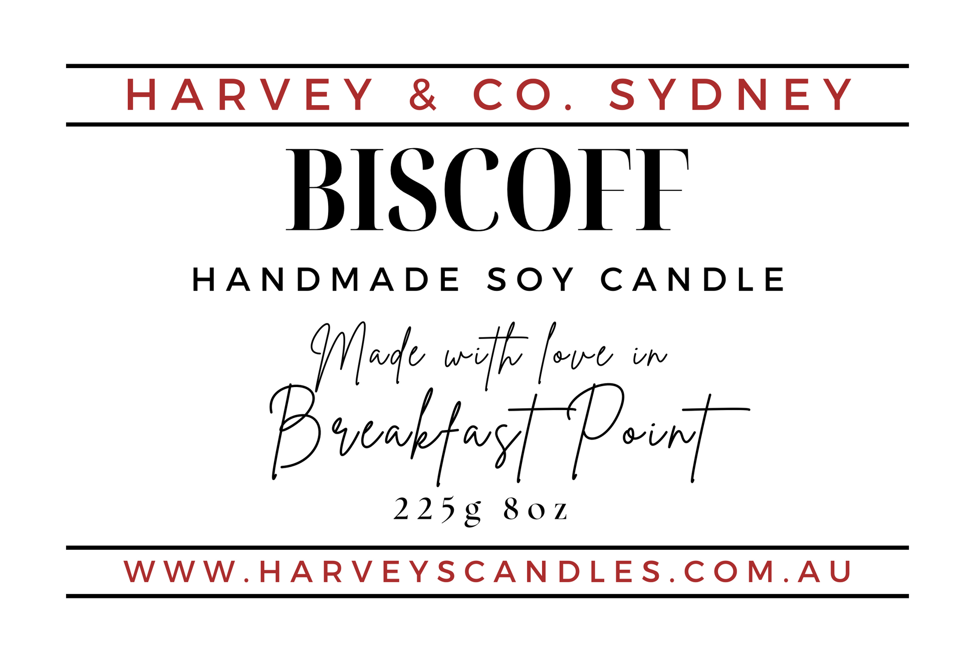 Label for Harvey & Co. Sydney Biscoff handmade soy candle with product details.