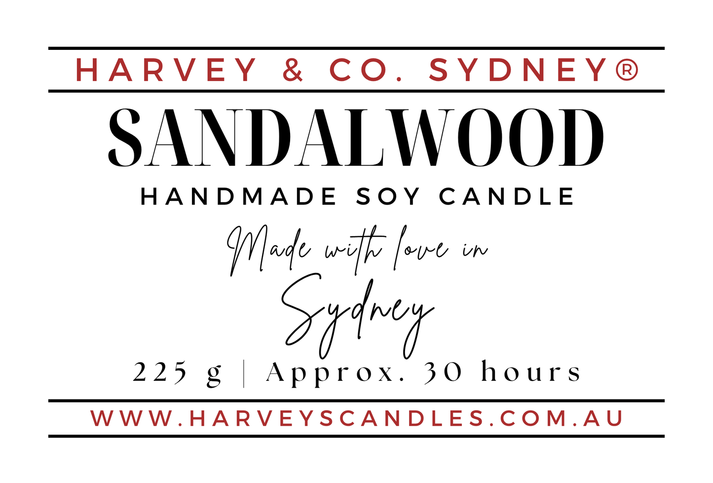 Product label for a Harvey & Co. Sydney Sandalwood Handmade Soy Candle, featuring red and black text on a white background.