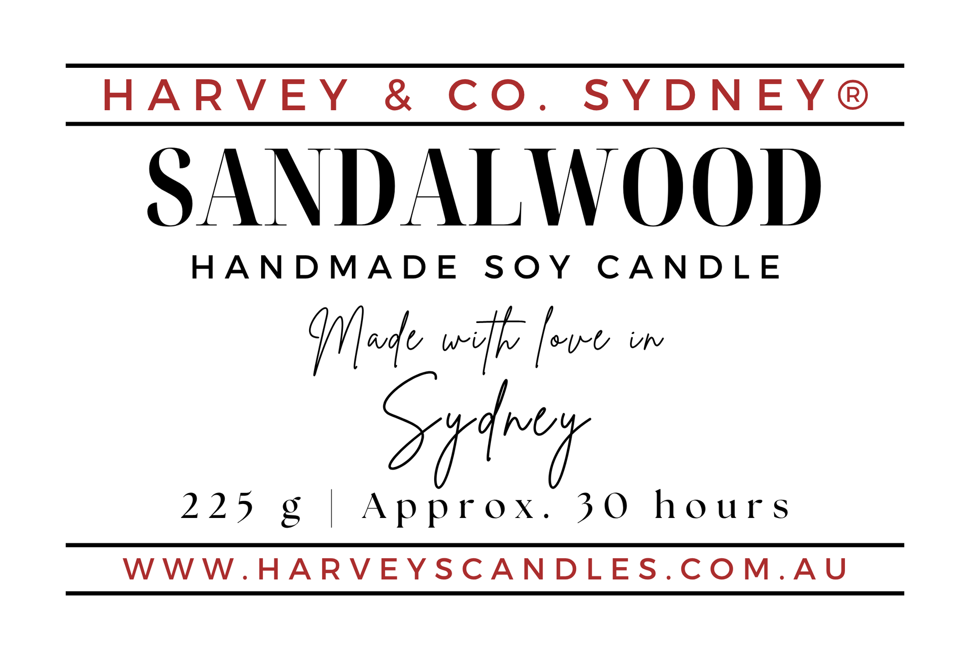 Product label for a Harvey & Co. Sydney Sandalwood Handmade Soy Candle, featuring red and black text on a white background.