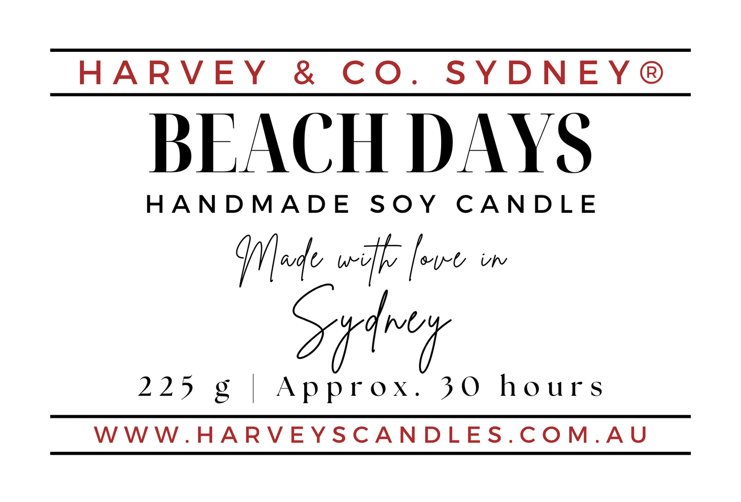 Text label for a Harvey & Co. Sydney 'Beach Days' handmade soy candle, featuring the brand name, product name, scent description, weight, burn time, and website on a white background.