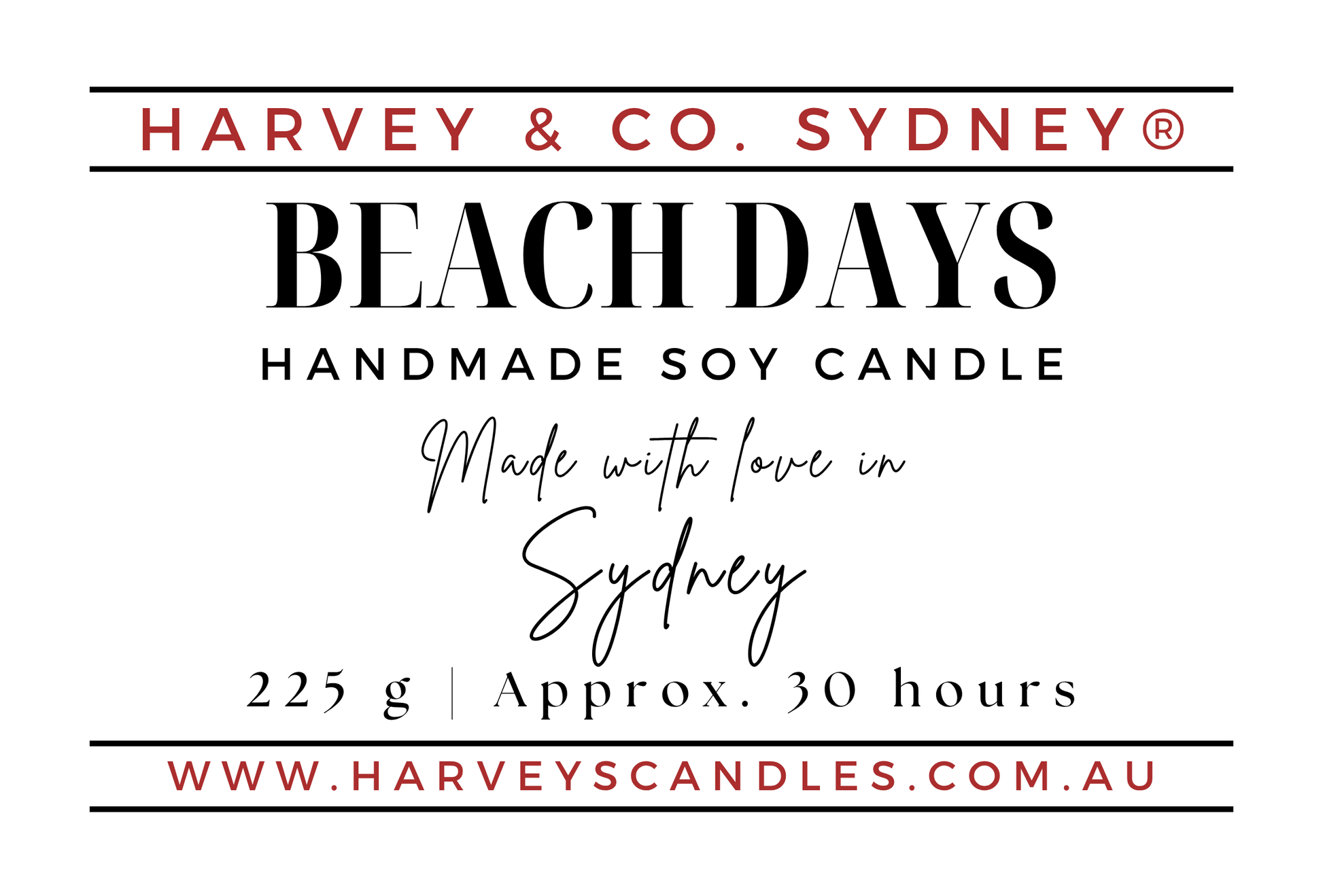 Text label for a Harvey & Co. Sydney 'Beach Days' handmade soy candle, featuring the brand name, product name, scent description, weight, burn time, and website on a white background.