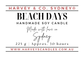 Text label for a Harvey & Co. Sydney 'Beach Days' handmade soy candle, featuring the brand name, product name, scent description, weight, burn time, and website on a white background.
