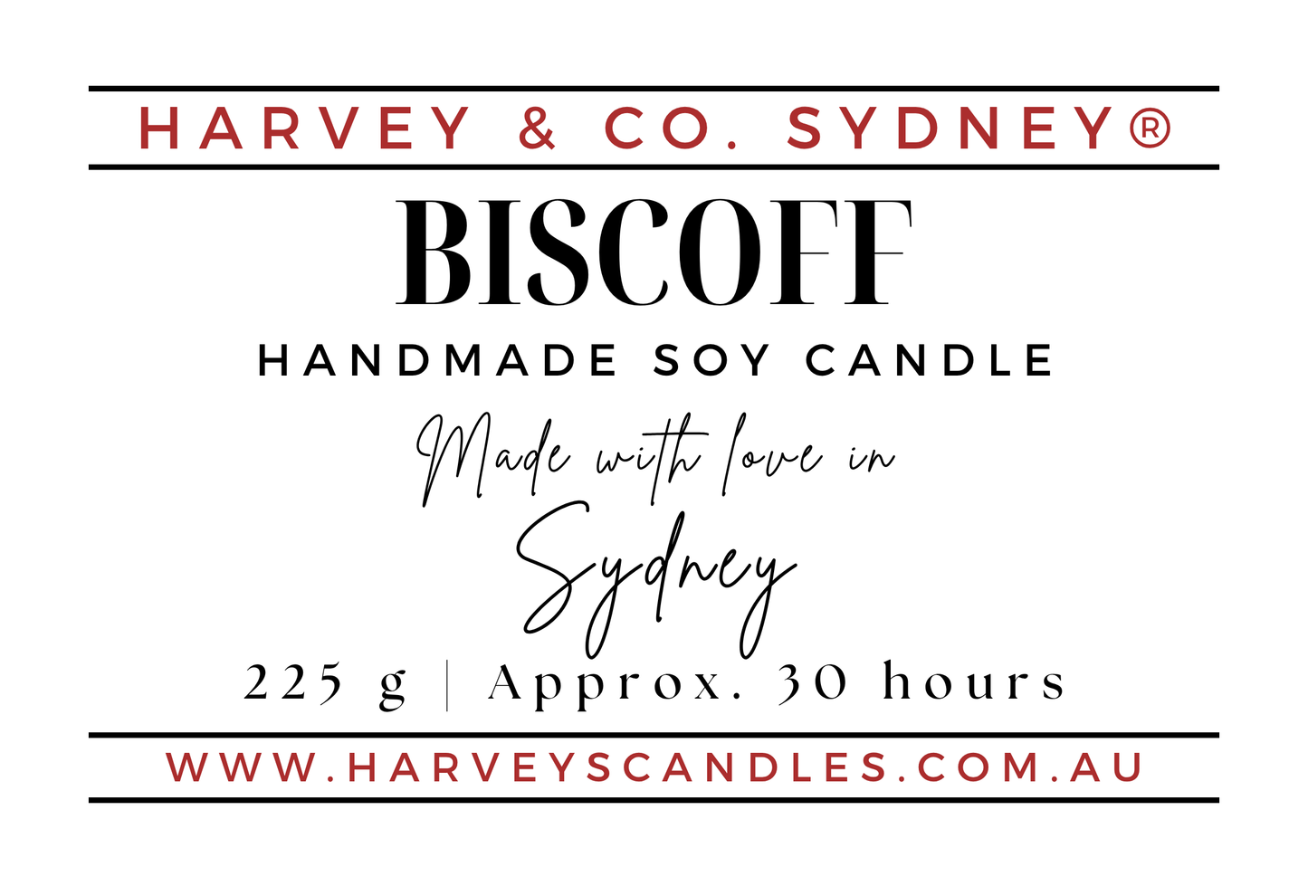 A product label for Harvey & Co. Sydney Biscoff Handmade Soy Candle, featuring a white background with black and red text detailing the scent, weight, burn time, and website.