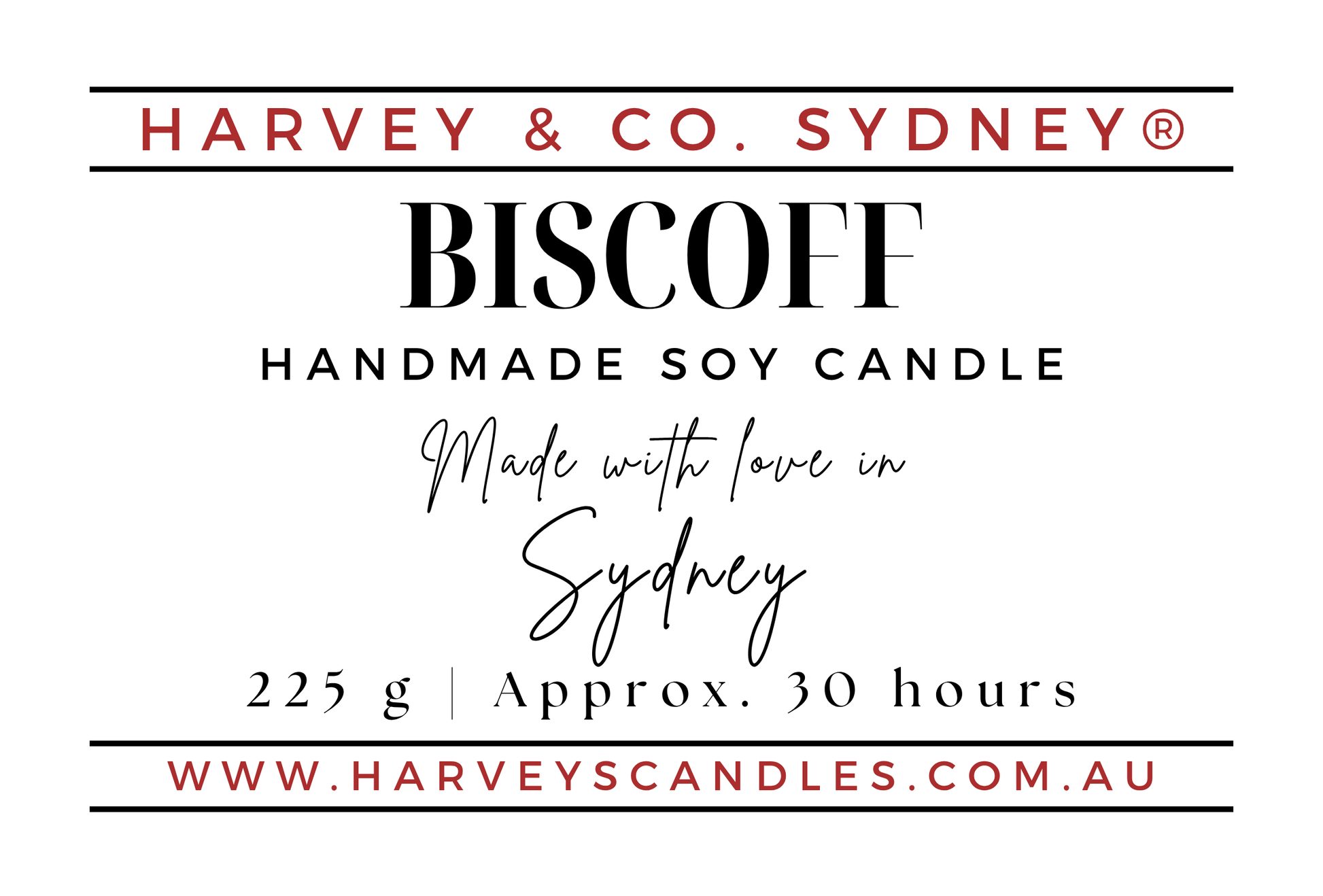 A product label for Harvey & Co. Sydney Biscoff Handmade Soy Candle, featuring a white background with black and red text detailing the scent, weight, burn time, and website.