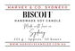 A product label for Harvey & Co. Sydney Biscoff Handmade Soy Candle, featuring a white background with black and red text detailing the scent, weight, burn time, and website.