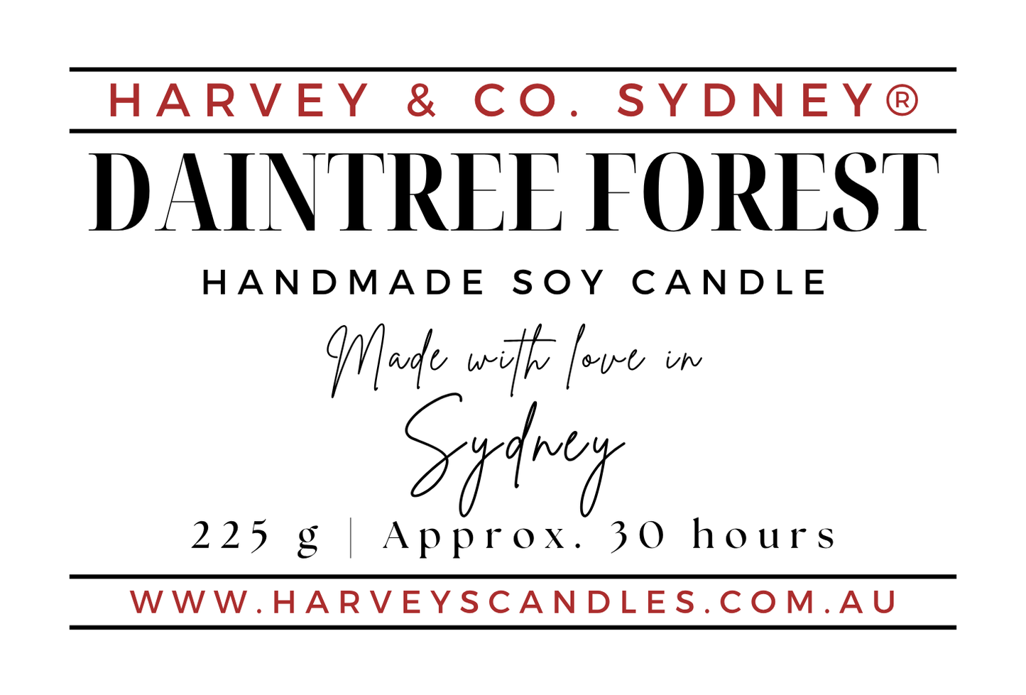 Product label for Harvey & Co. Sydney Daintree Forest Handmade Soy Candle, featuring red and black text on a white background.