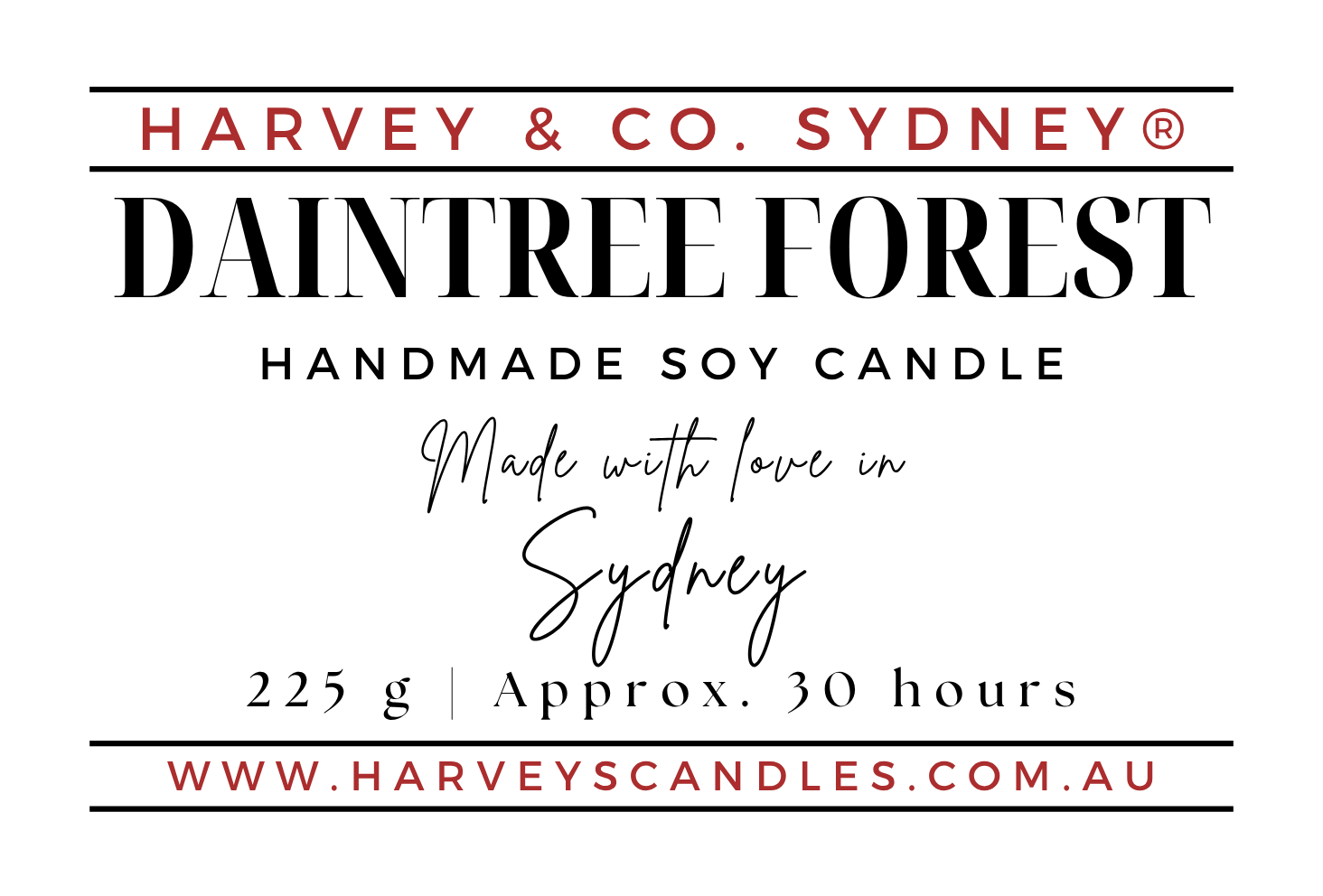 Product label for Harvey & Co. Sydney Daintree Forest Handmade Soy Candle, featuring red and black text on a white background.
