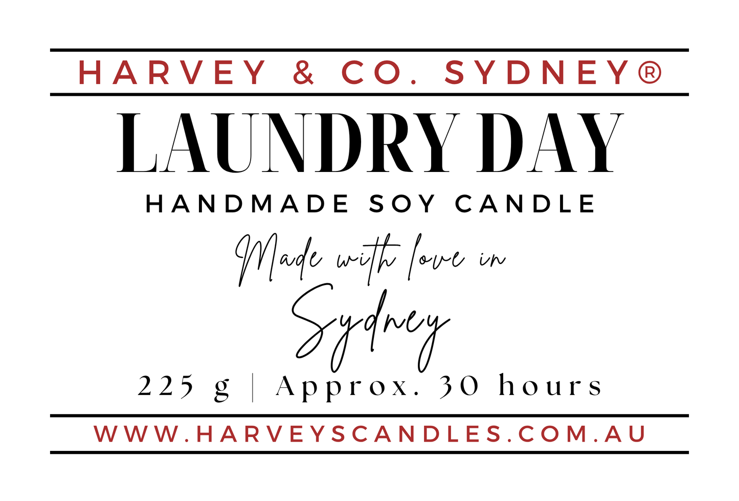 A clean white label-style graphic for a Harvey & Co. Sydney 'Laundry Day' handmade soy candle.