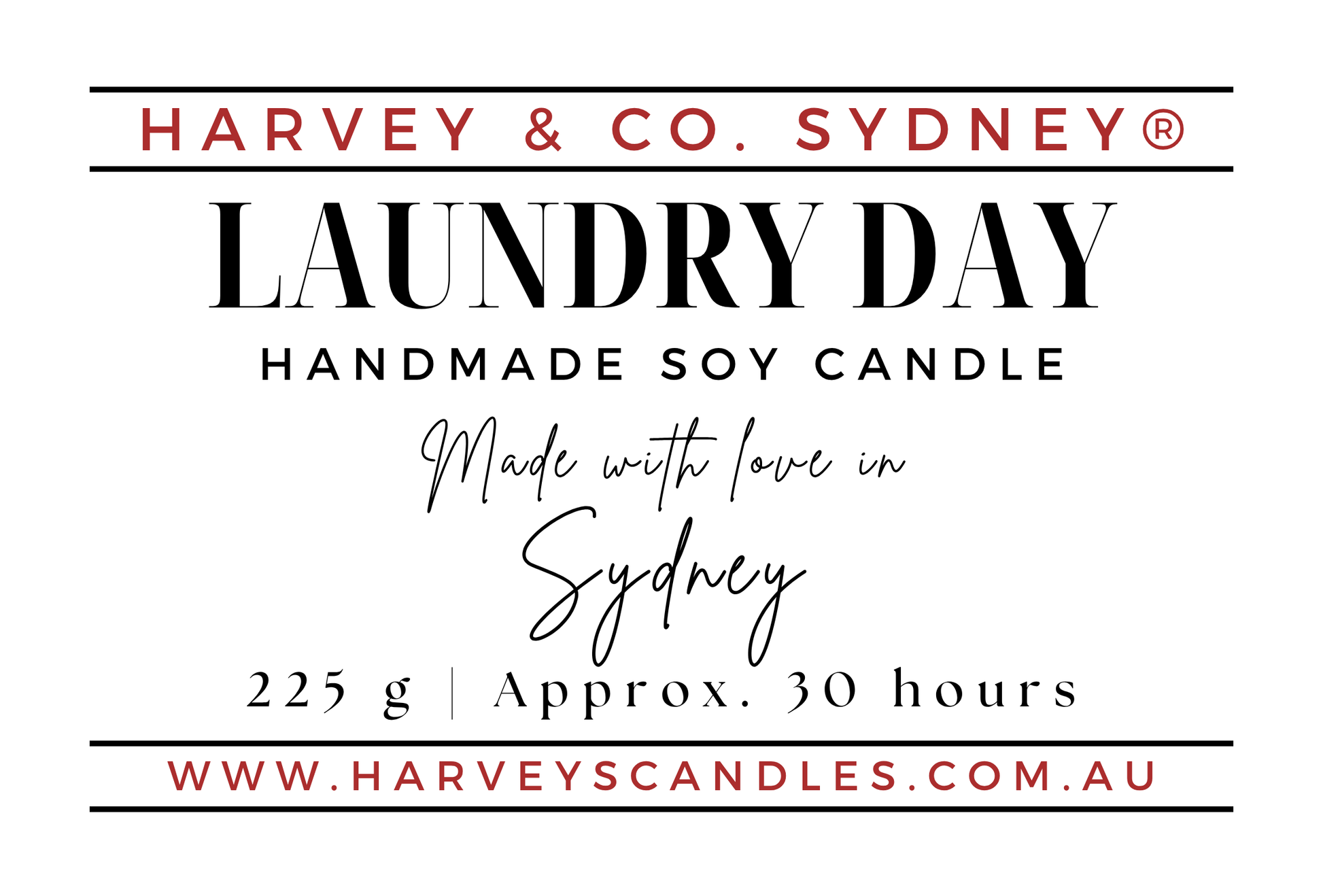 A clean white label-style graphic for a Harvey & Co. Sydney 'Laundry Day' handmade soy candle.