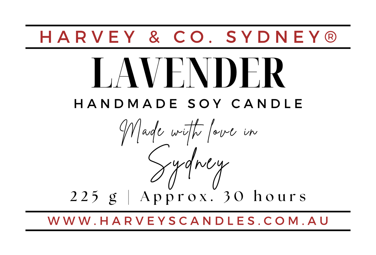 Product label for a Harvey & Co. Sydney Lavender Handmade Soy Candle, featuring red and black text on a white background.