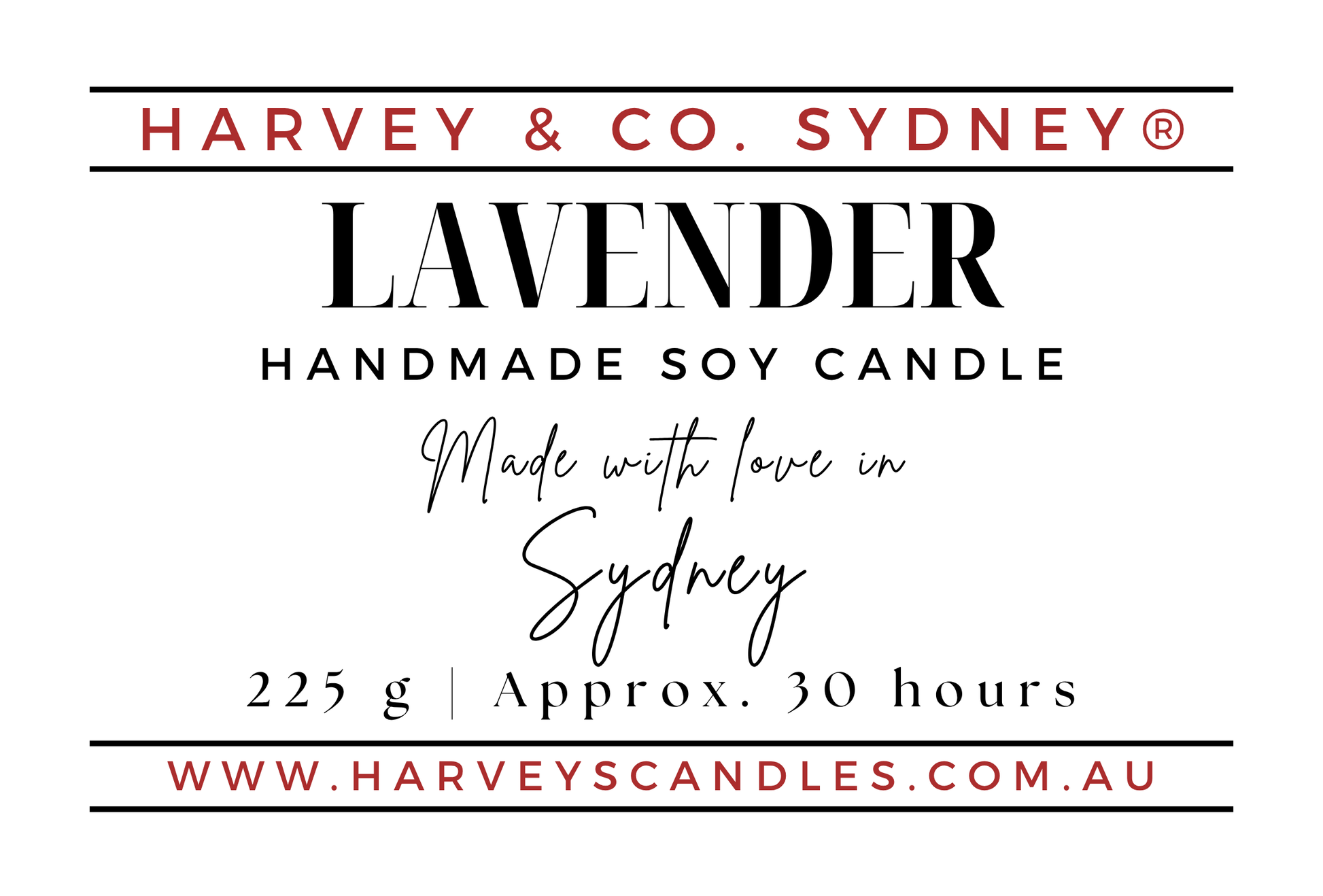 Product label for a Harvey & Co. Sydney Lavender Handmade Soy Candle, featuring red and black text on a white background.