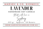 Product label for a Harvey & Co. Sydney Lavender Handmade Soy Candle, featuring red and black text on a white background.
