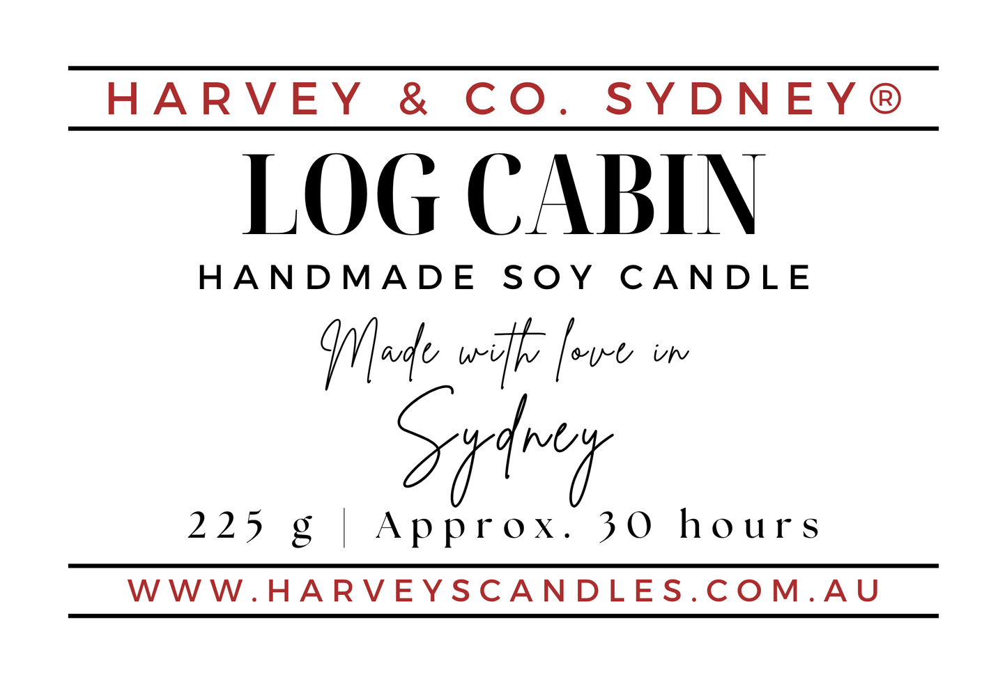 A Harvey & Co. Sydney label for an amber glass jar soy candle with smoky wood, tobacco and vanilla scent notes, shown with a lit wick
