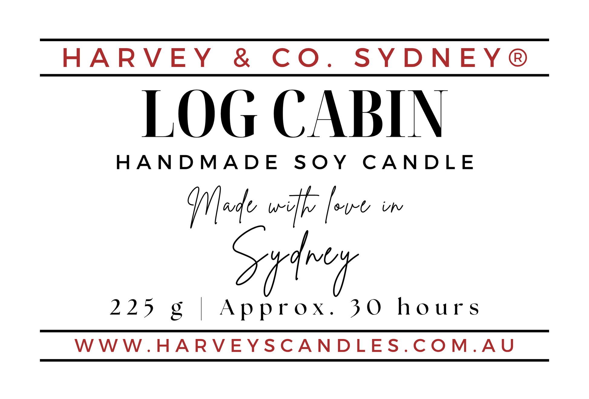A Harvey & Co. Sydney label for an amber glass jar soy candle with smoky wood, tobacco and vanilla scent notes, shown with a lit wick
