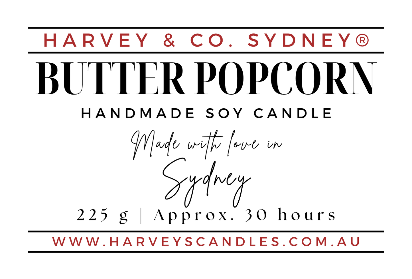 Product label for Harvey & Co. Sydney Butter Popcorn handmade soy candle, featuring red and black text on a white background with product details including weight, burn time, and website.