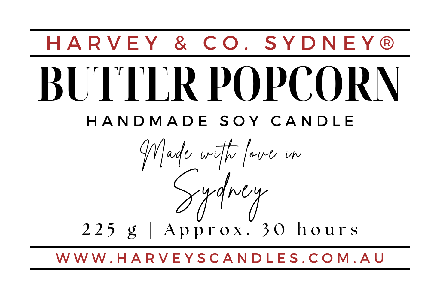 Product label for Harvey & Co. Sydney Butter Popcorn handmade soy candle, featuring red and black text on a white background with product details including weight, burn time, and website.