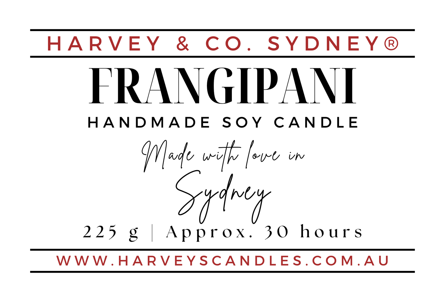 A white label for a Frangipani soy candle made by Harvey & Co. Sydney.