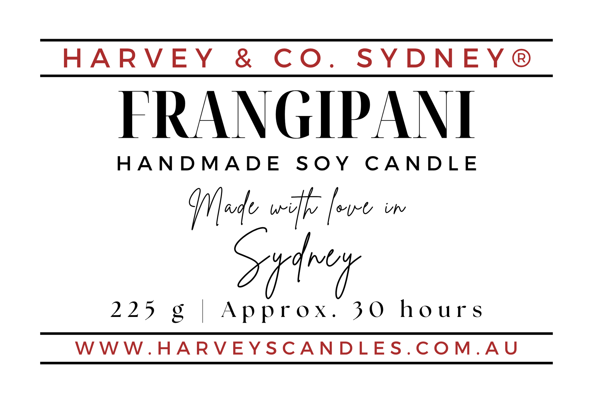 A white label for a Frangipani soy candle made by Harvey & Co. Sydney.