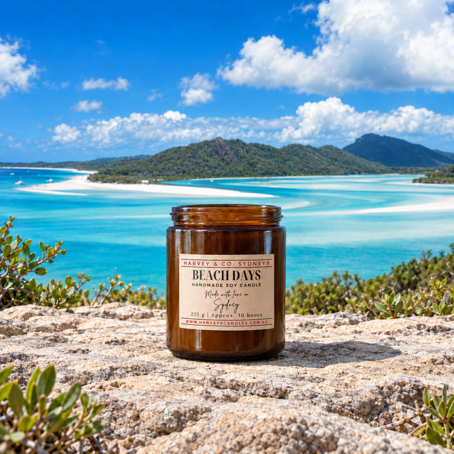 Harvey & Co. Sydney Beach Days soy candle in an amber glass jar with a cream label and red lettering.