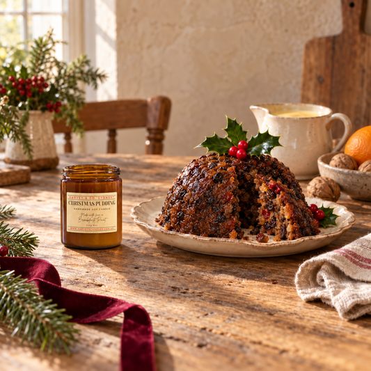 An amber glass jar candle labeled 'Christmas Pudding' sits on a rustic wooden table beside a sliced Christmas pudding with holly garnish, walnuts, an orange and pine branches.