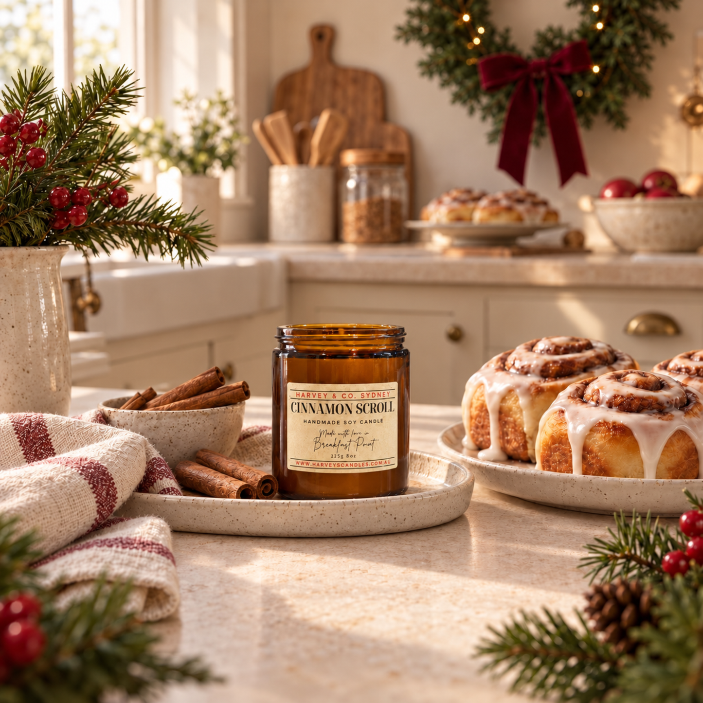 An amber glass jar candle labeled 'Cinnamon Scroll' sits on a kitchen counter surrounded by holiday decor, cinnamon sticks, and cinnamon rolls in a warm, softly lit kitchen setting.