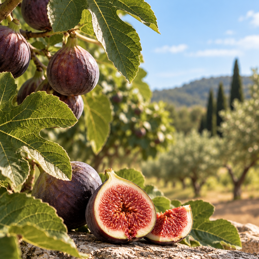 Fresh figs on a tree branch in a sunny outdoor orchard, with whole and halved figs resting on a stone surface. Green leaves, purple figs, blue sky, and distant trees are visible.