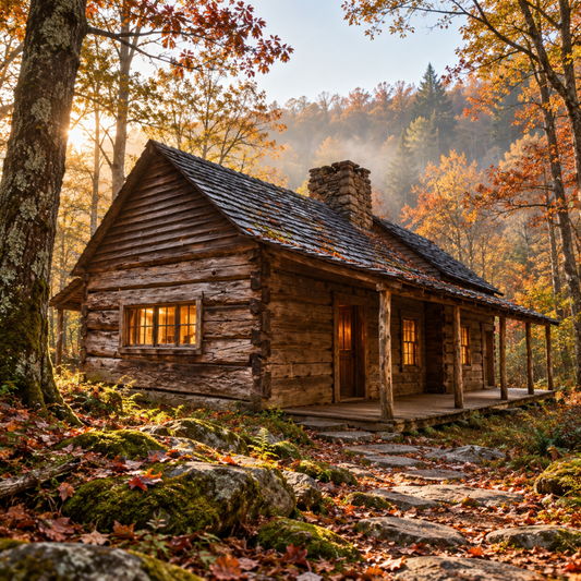 Rustic log cabin with warmly lit windows surrounded by golden autumn trees, moss-covered rocks and a winding stone path.