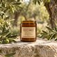 An amber glass jar candle labeled 'Olive Grove' by Haven & Co. Farms sits on a stone surface outdoors, surrounded by olive branches and leaves in a sunlit garden setting.