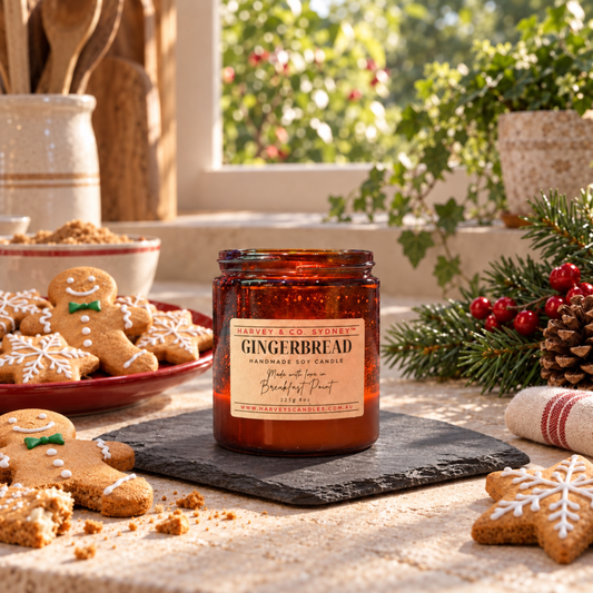     Harvey & Co. Sydney Gingerbread candle on black slate, surrounded by iced gingerbread biscuits and festive greenery.
