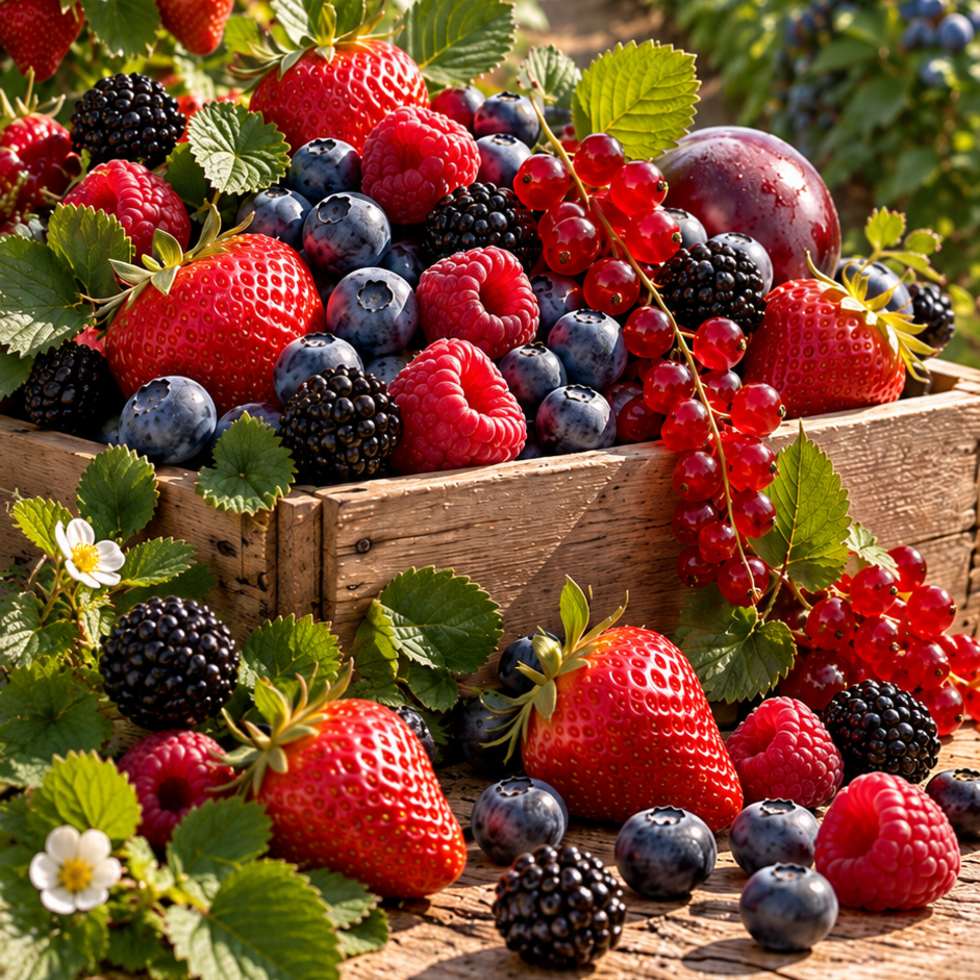 A wooden crate overflowing with fresh red strawberries, blueberries, blackberries, and red currants in a sunny berry field.