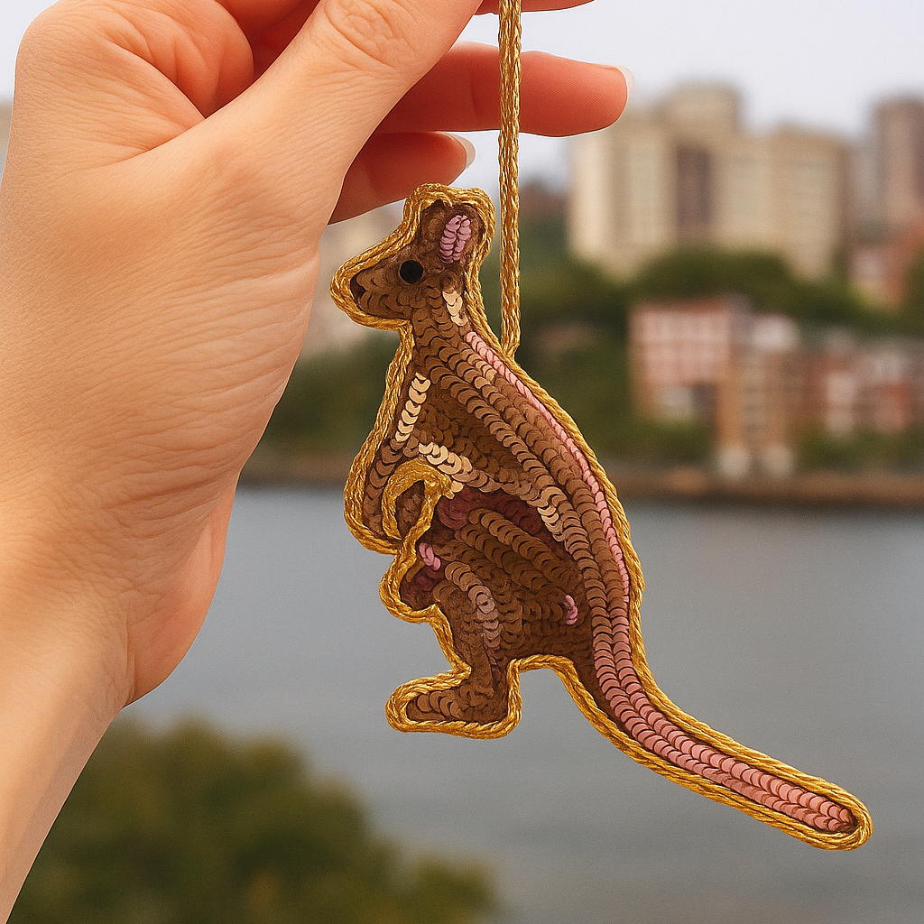 Hand holding a kangaroo-shaped keychain with a cityscape in the background
