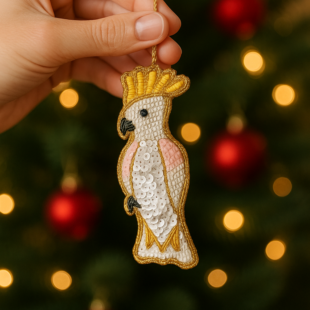 Decorative parrot ornament with a gold crown held in front of a Christmas tree.
