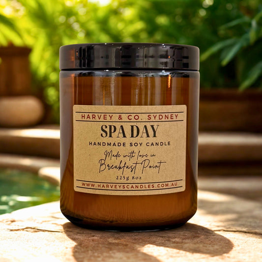 Harvey & Co. Sydney handmade soy candle with a label on a natural background