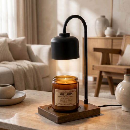 Black table lamp with a white candle on a wooden base next to a potted plant and bowls.