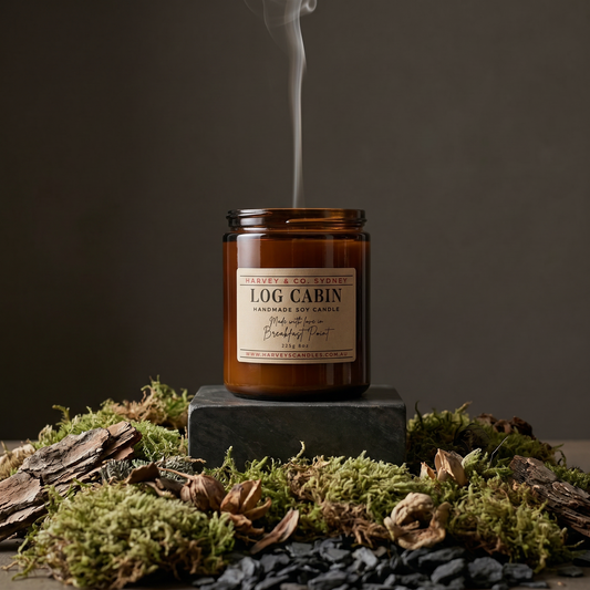 Amber glass soy candle labeled “Log Cabin” centered on a dark stone pedestal, surrounded by moss, bark, and dried natural elements on a forest-like surface. Thin smoke rises from the unlit wick against a moody brown background, creating a rustic, atmospheric studio scene.