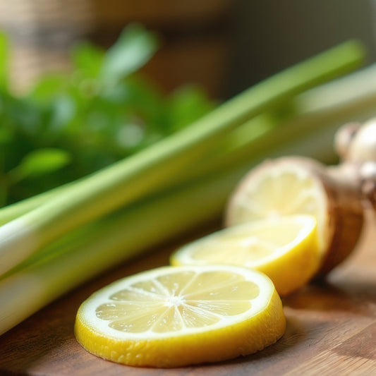 Herbs, lemons, and ginger on a wooden cutting board with a blurred background