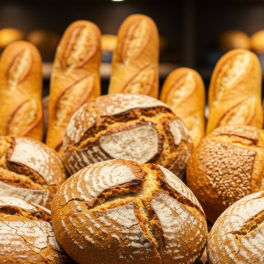 Assorted bread loaves on a wooden shelf in a bakery setting
