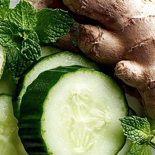 Cucumber slices, lime, ginger root, and mint leaves on a light background