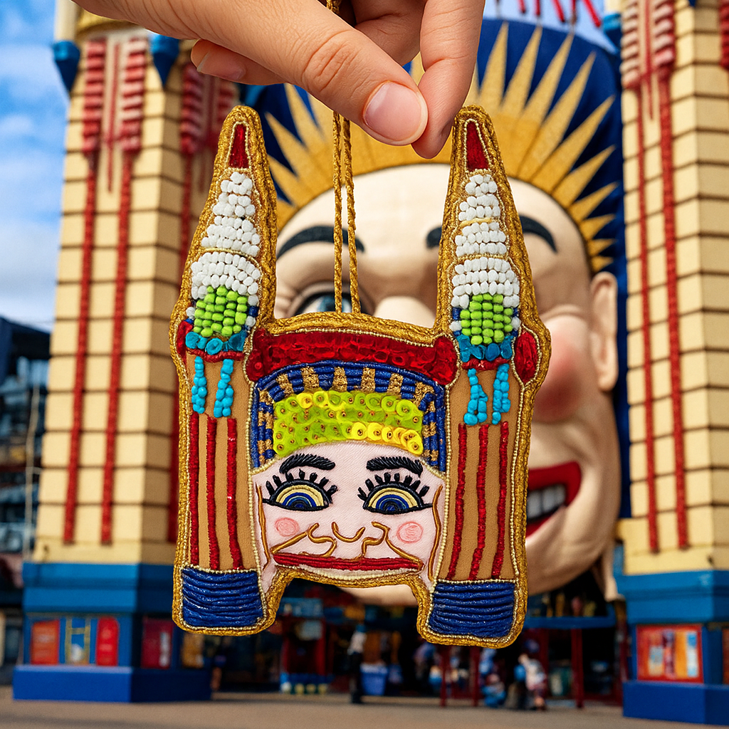 Colorful embroidered bag held in front of a large decorative head sculpture.