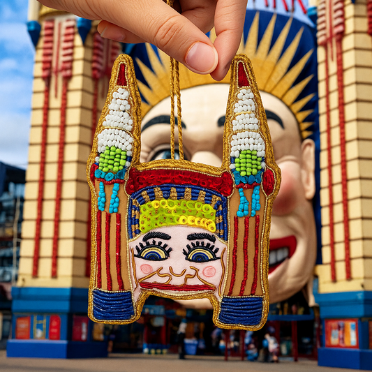 Colorful embroidered bag held in front of a large decorative head sculpture.