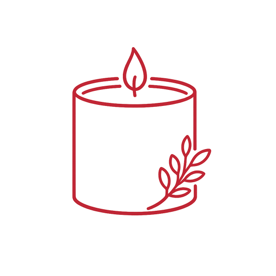 A minimalist red line icon of a lit candle with a flame and leafy branch detail on a plain white background.