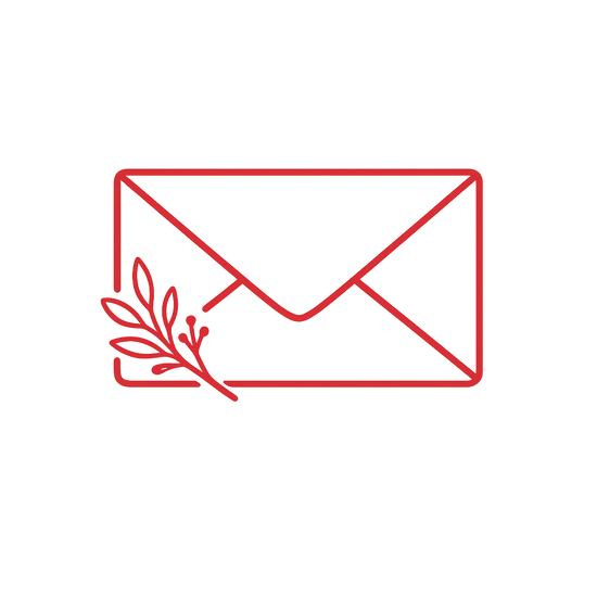 A minimalist red line icon of an envelope with a small leafy sprig in the lower left corner, centered on a plain white background.